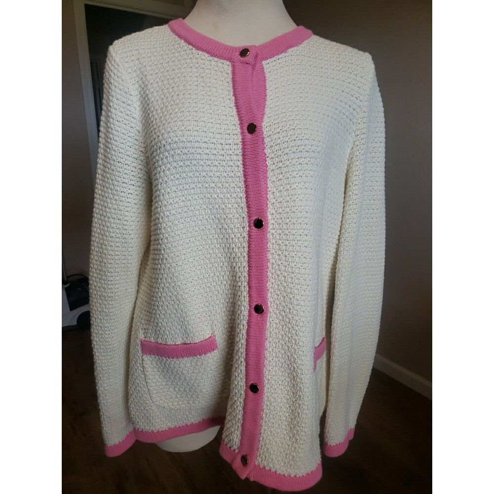 Talbots Cardigan Off White Pink Trim Women's Sz. L Goldtone Buttoned Sweater